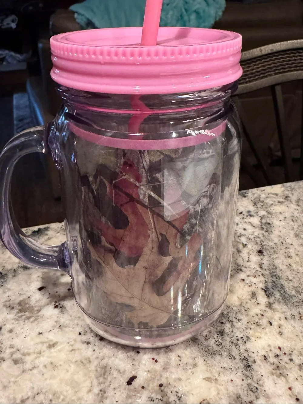Hand Crafted Pink-Lid Mason Mug with Handle and Straw